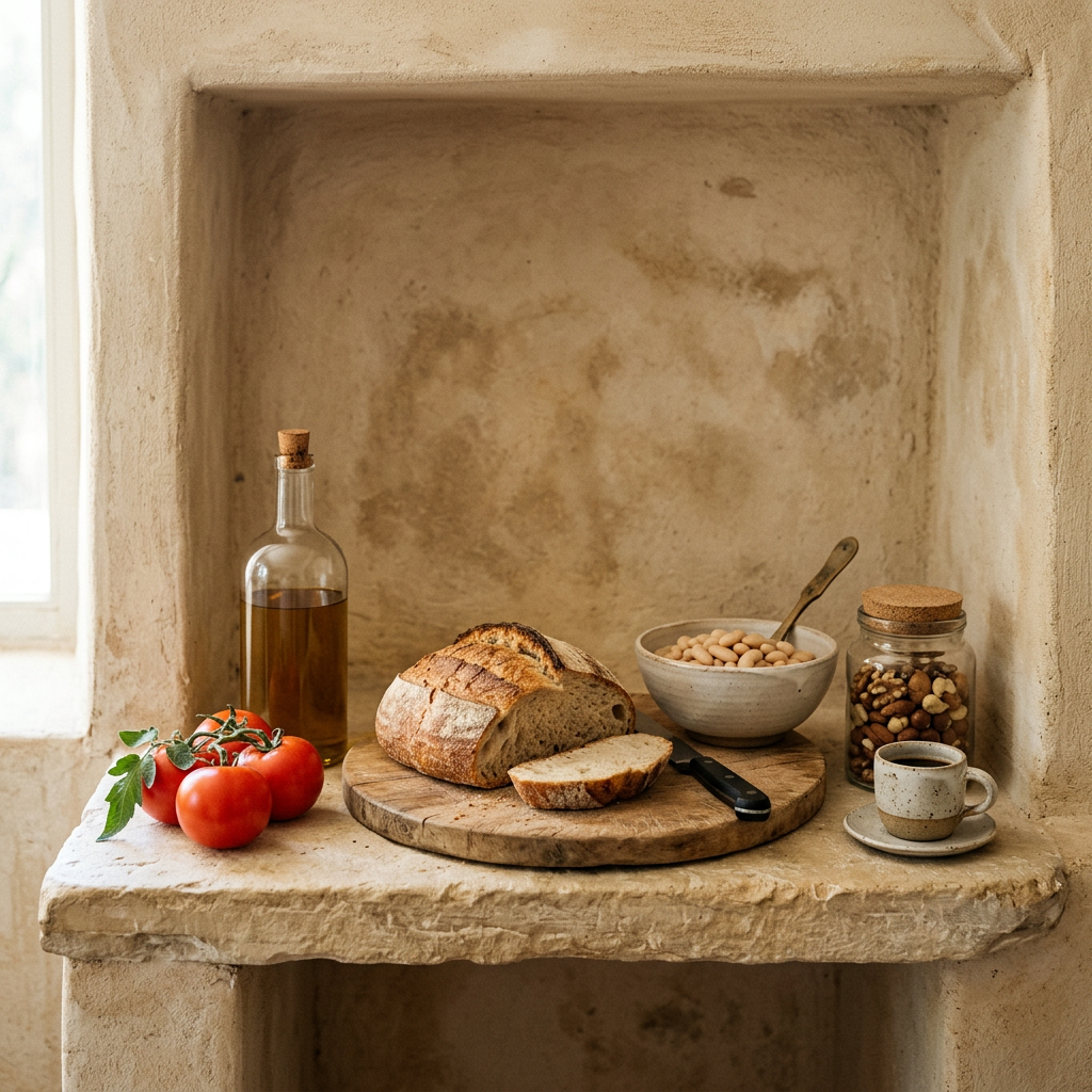 Bread, tomatoes, white beans, olive oil, nuts and a coffee cup on a stone shelf in a plaster alcove