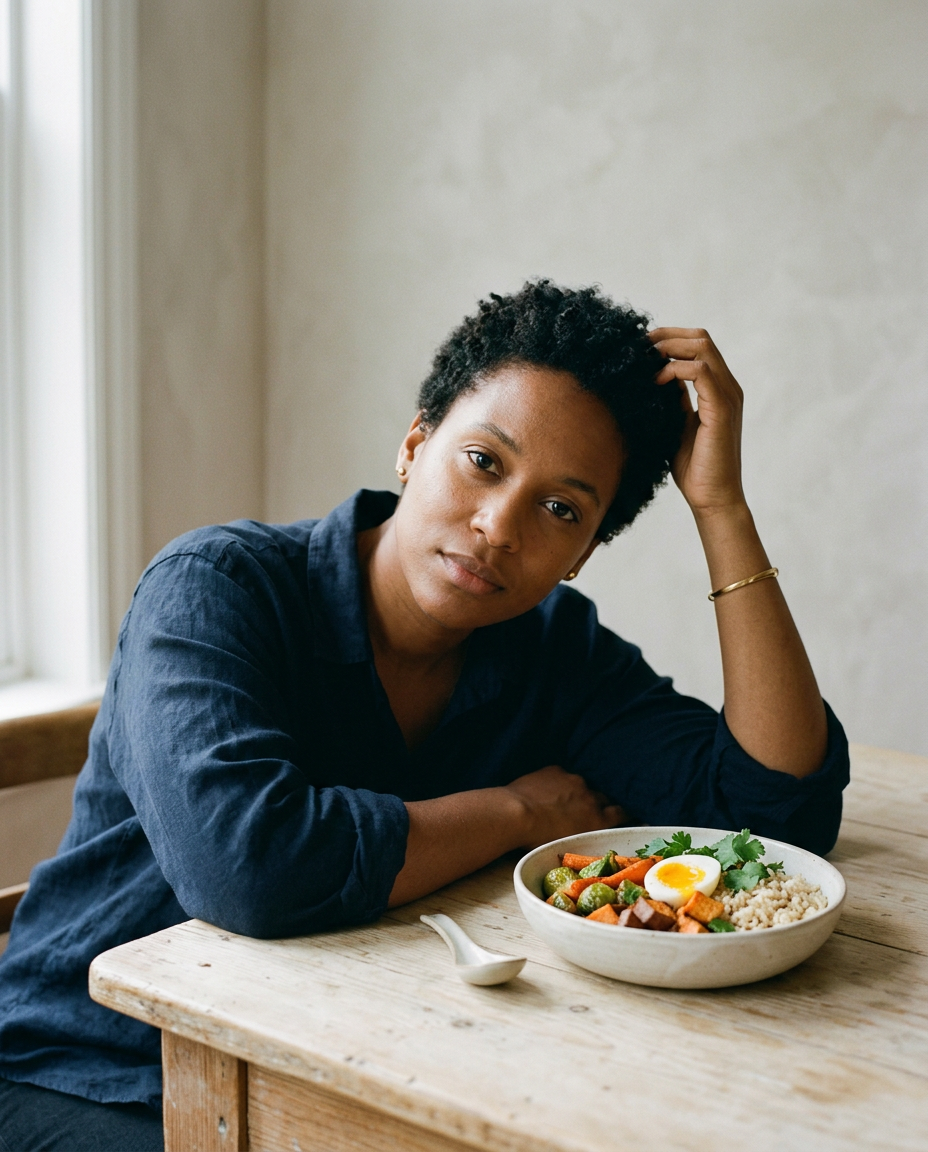 A person resting their head on one hand at a kitchen table, a bowl of rice, roasted vegetables and an egg beside them